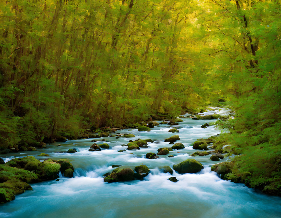 Tranquil stream in lush forest with glowing light