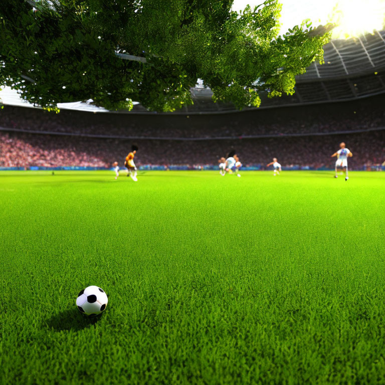 Soccer ball on vibrant green stadium pitch with players and sunlight filtering through trees