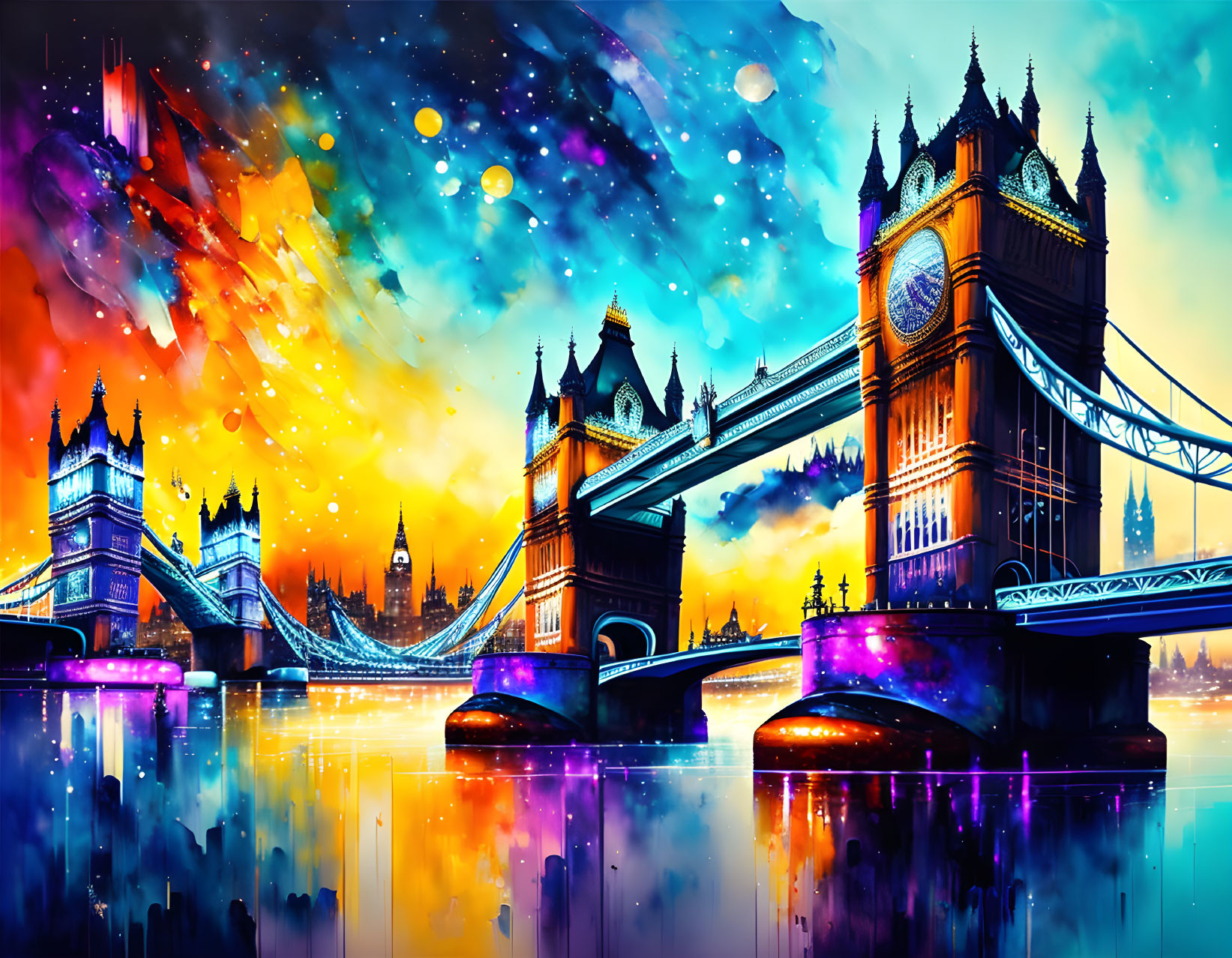 Colorful London Tower Bridge illustration with cosmic sky and vibrant sunset over Thames