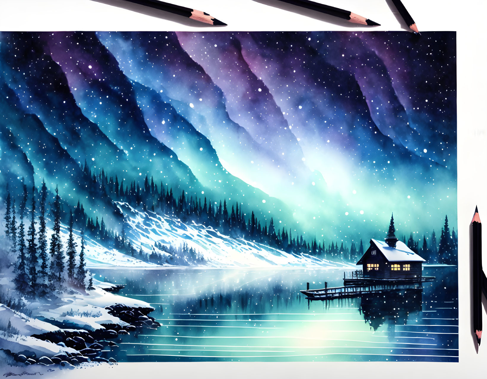 Snowy lakeshore cabin illustration under starry sky with auroras & pencils.