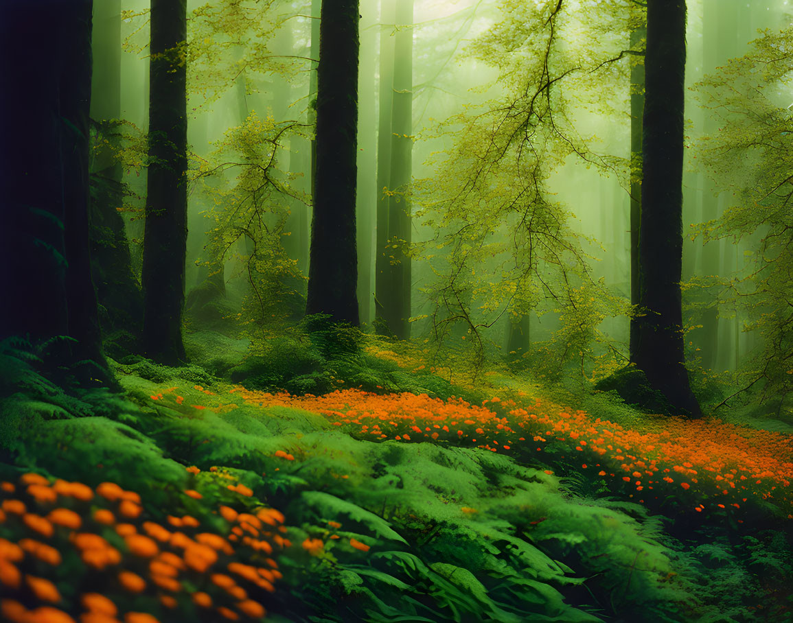 Sunlit Misty Forest with Orange Flowers and Green Ferns