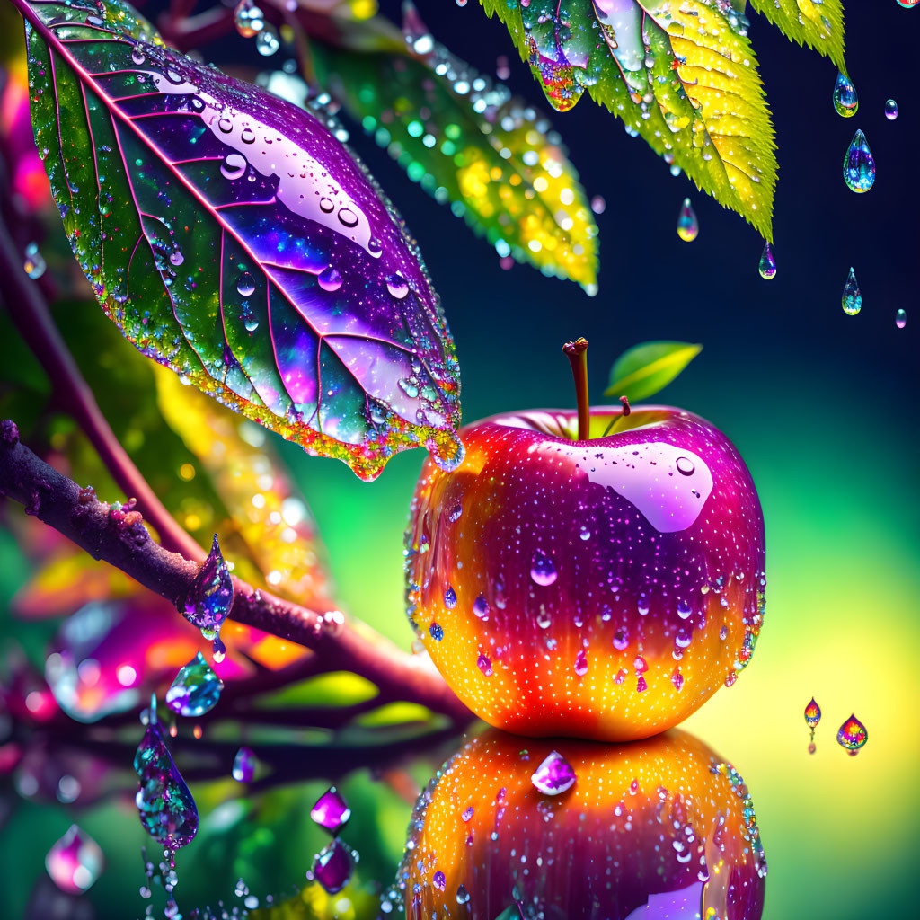 Dew-covered apple on reflective surface with water droplets and verdant leaves