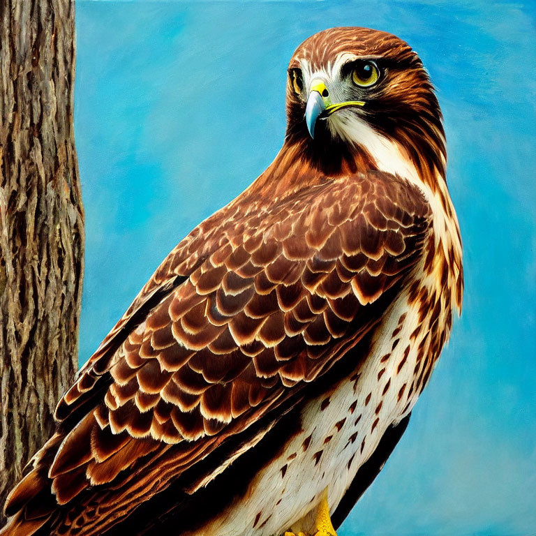 Brown and White Plumage Bird of Prey Perched on Branch against Blue Sky