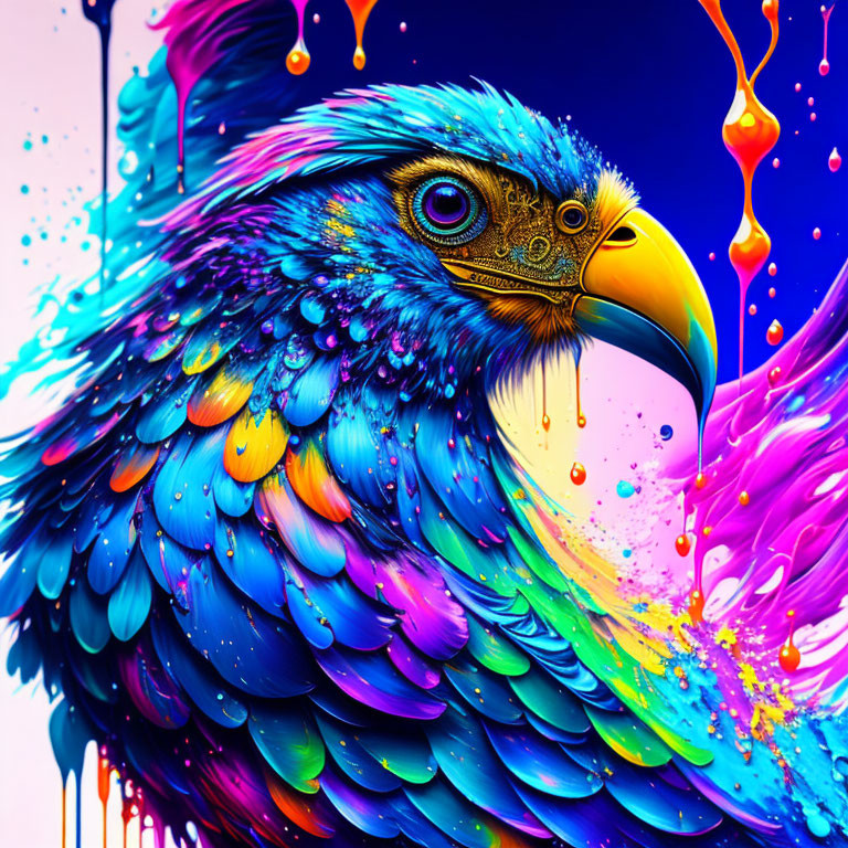 Colorful Bird Artwork with Textured Feathers and Paint Drips