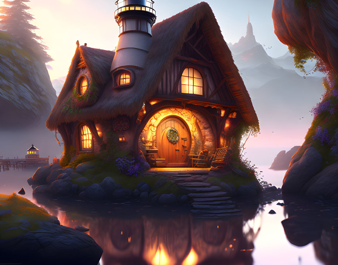 Whimsical house with lighthouse in fantastical landscape at dusk