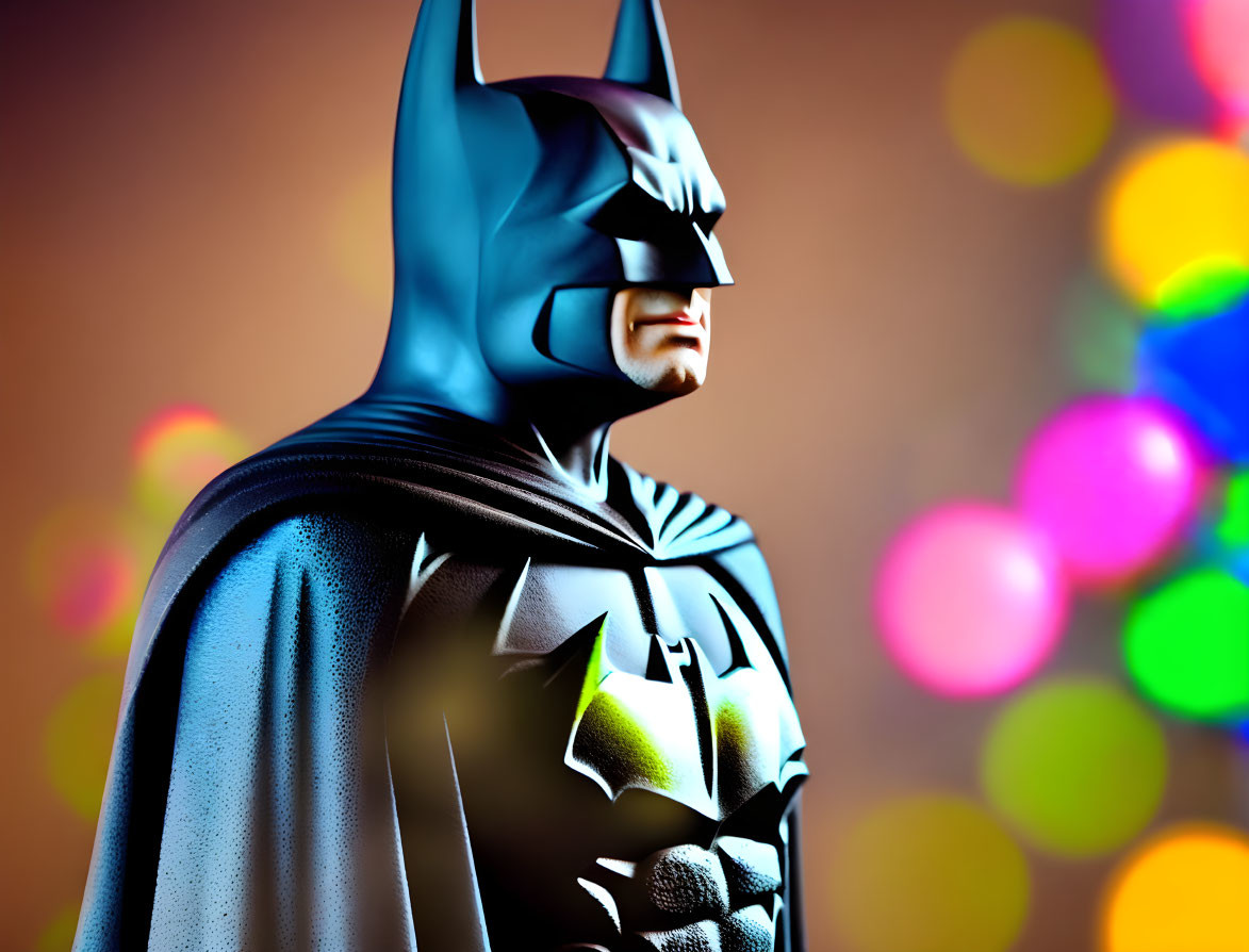 Detailed Batman figurine with intense expression amid colorful lights