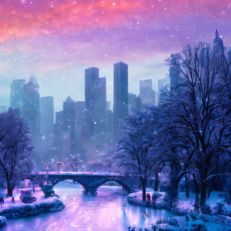 Snowy twilight cityscape with starry sky, skyscraper silhouettes, bridge, and snow