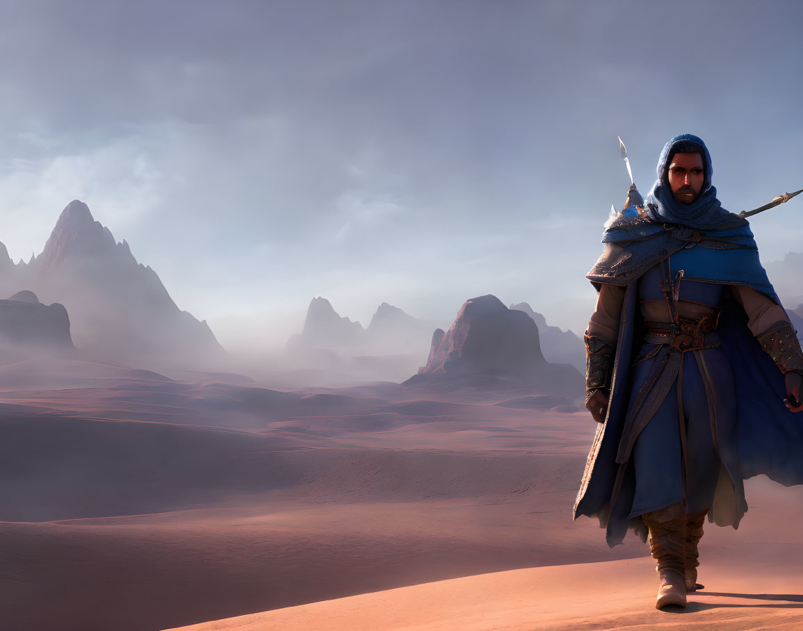 Figure in Blue Robes Stands in Desert with Spear