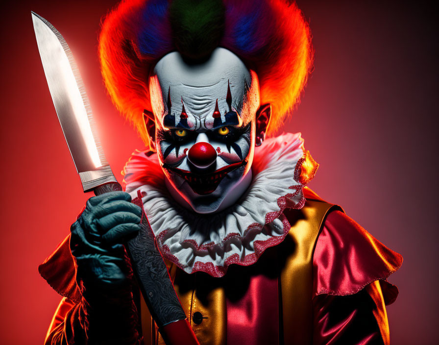 Colorful-haired clown with knife against red backdrop