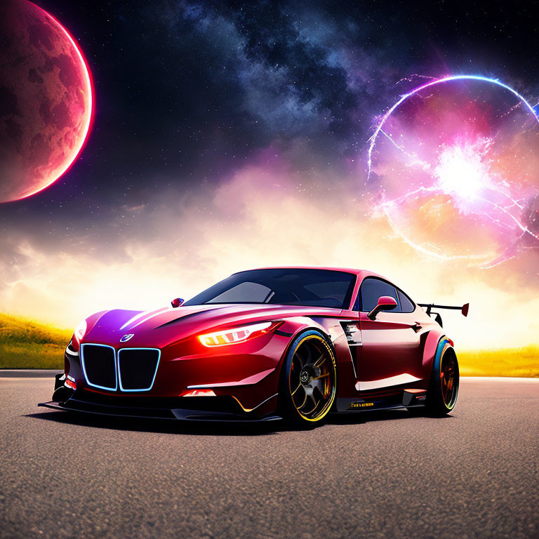 Red and Black BMW Sports Car on Road with Red Moon and Cosmic Portal