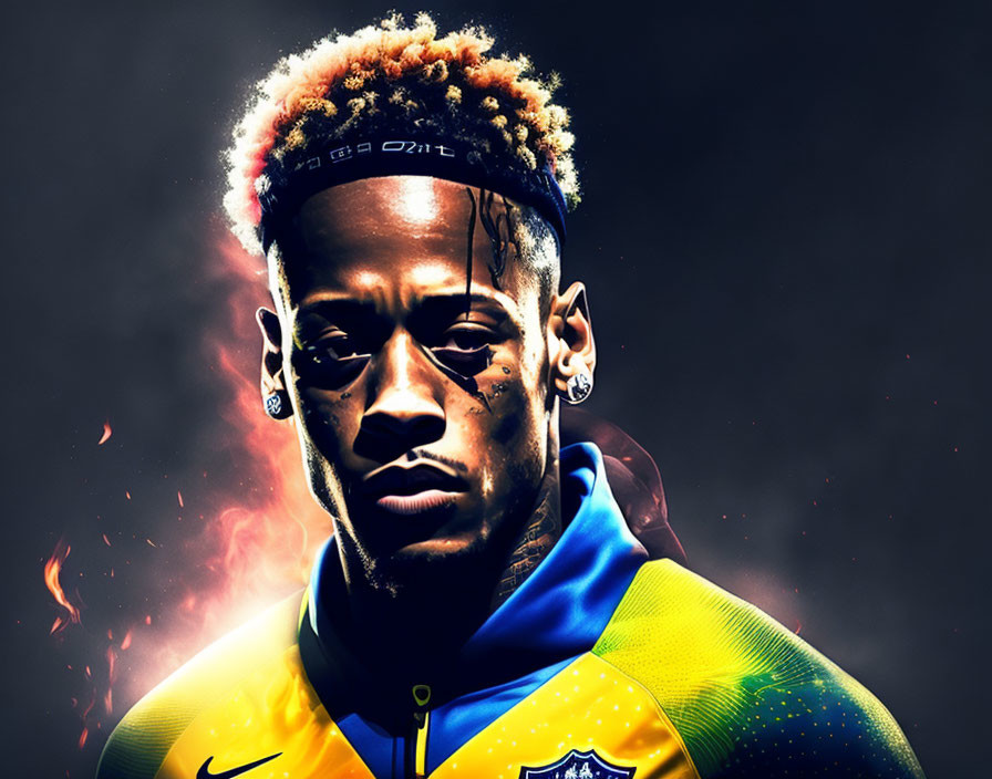 Digital artwork of soccer player with unique hair in Brazil jersey on fiery dark backdrop