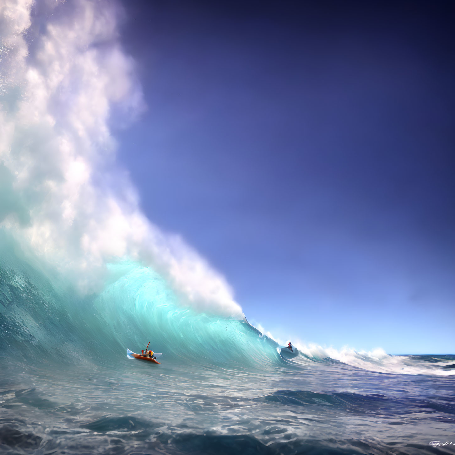 Digital artwork of two surfers riding a stunning blue wave with dramatic water spray.