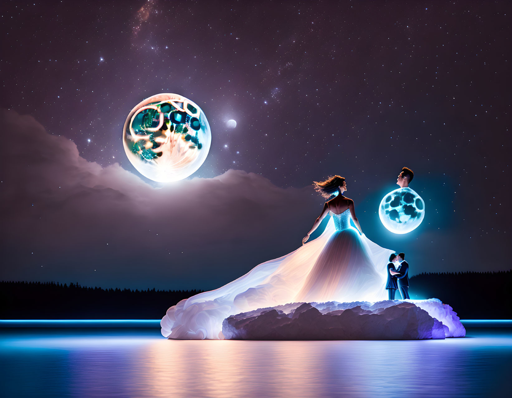 Fantastical scene featuring elegantly dressed figures on a rock with oversized moons and starry sky.