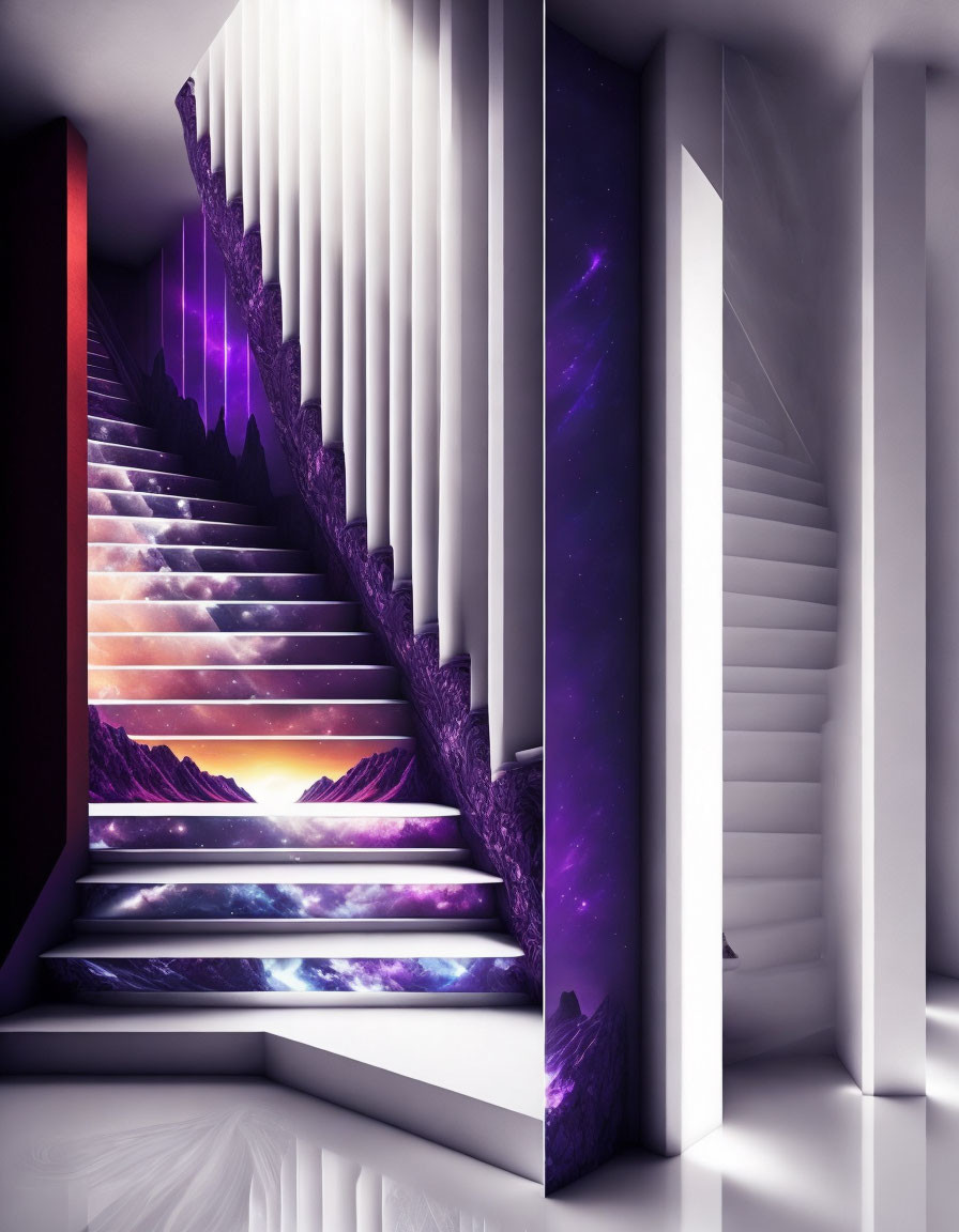 Cosmic galaxy-themed staircase in modern white interior