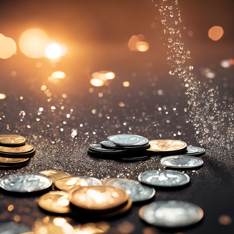 Scattered Coins Sparkling in Warm Bokeh Lights