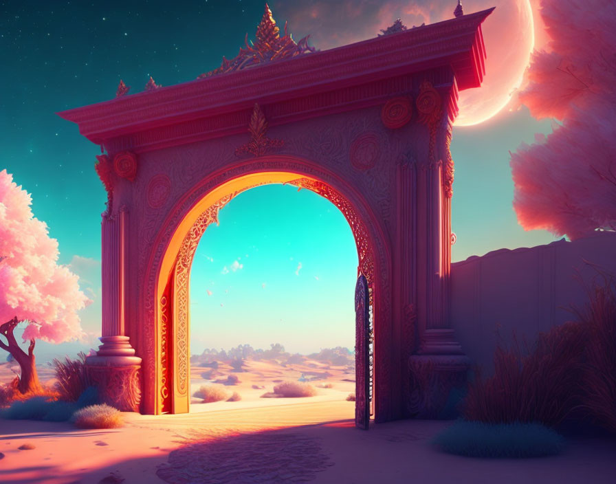 Ornate archway in desert at sunset with moon, pink clouds, and trees