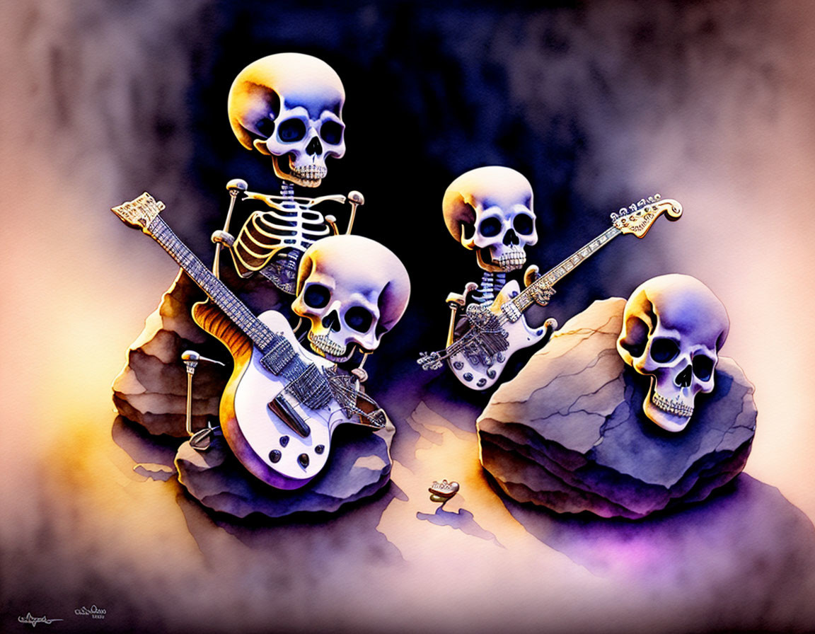 Cartoon skeletons with electric guitars in rock concert illustration