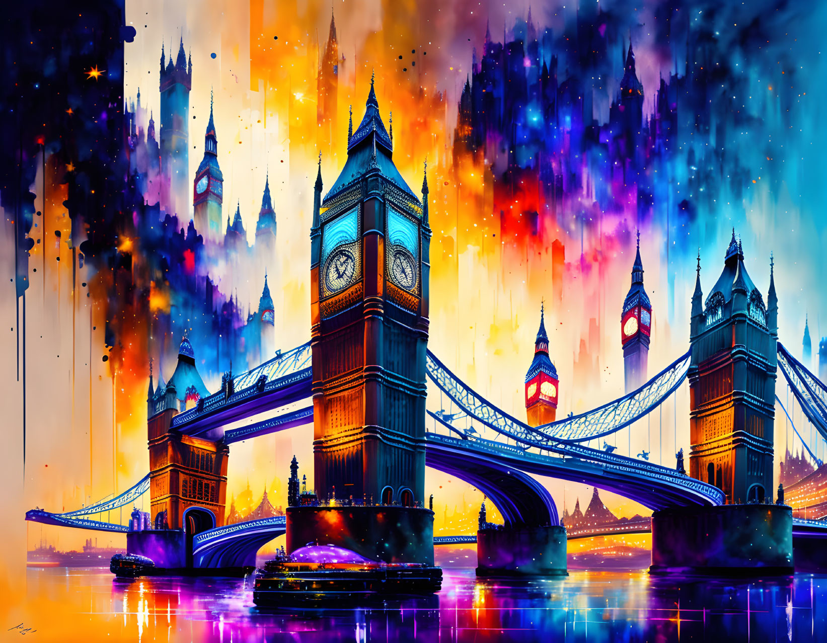 Vibrant digital artwork: Tower Bridge, London, cosmic sky, Thames River