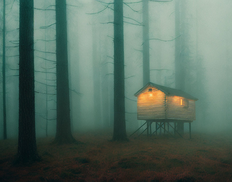 Small Illuminated Cabin on Stilts in Misty Forest with Tall Trees