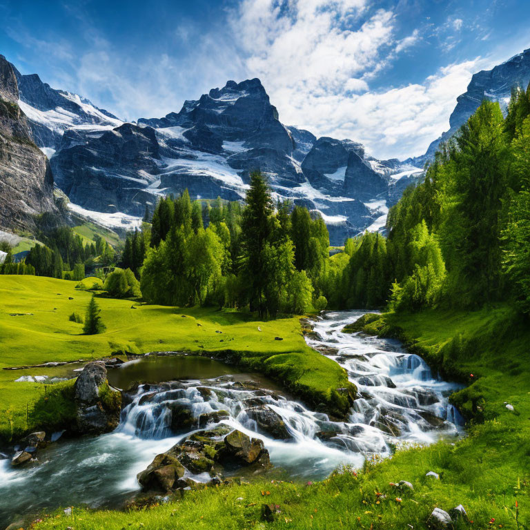 Scenic alpine landscape: river, meadows, snow-capped mountains