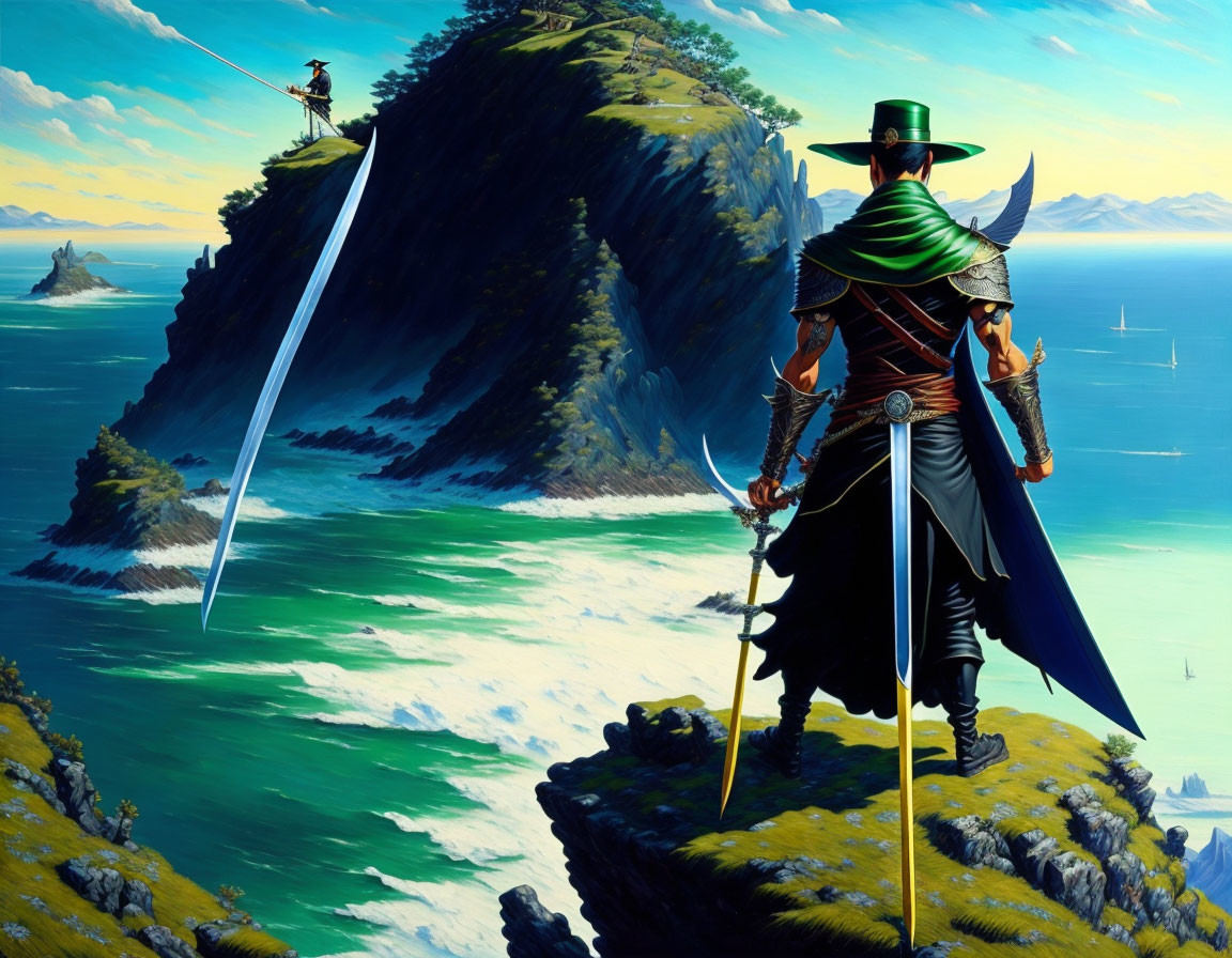 Fantasy landscape with sword-bearing characters on cliffs