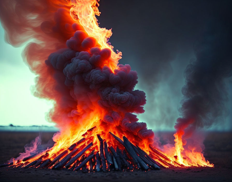 Intense bonfire with thick smoke against dusky sky