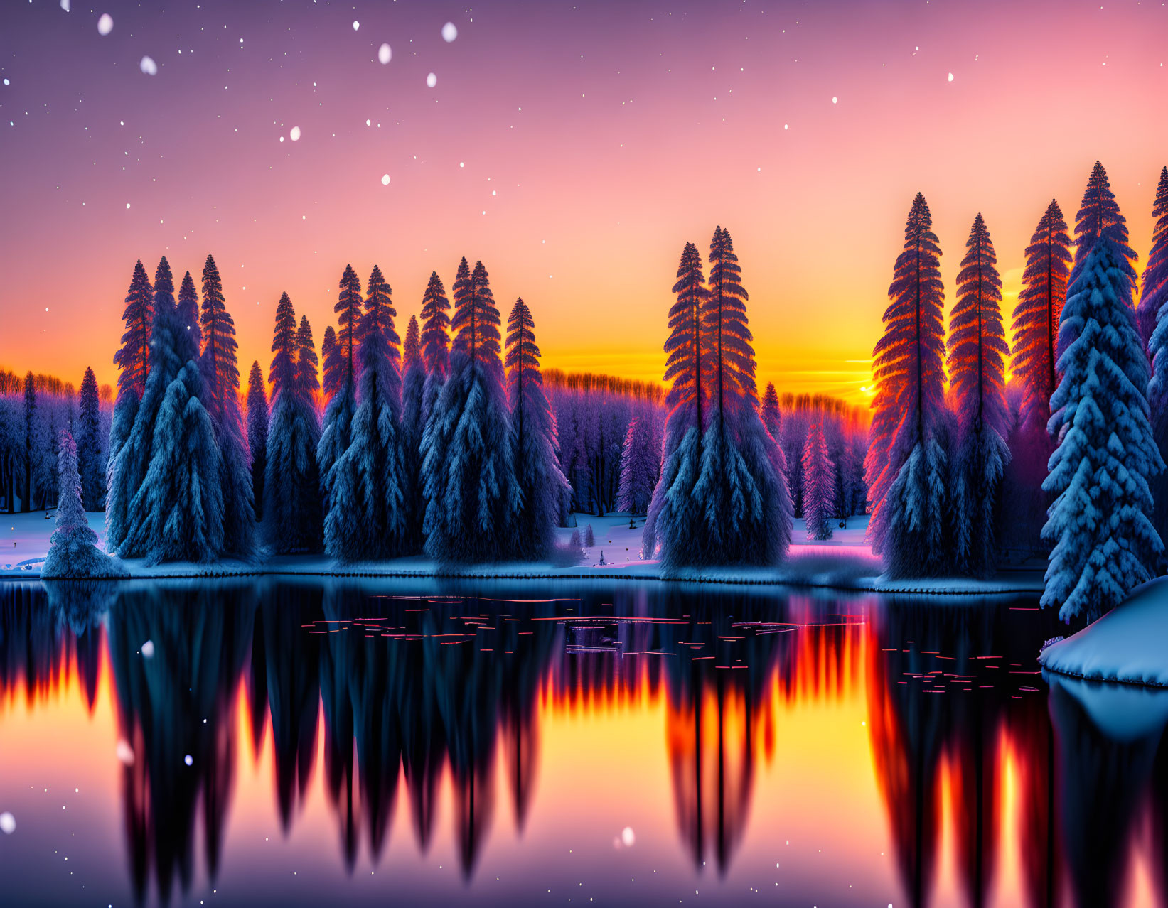 Snow-covered trees in serene winter landscape at sunset reflected in calm lake under twilight sky.