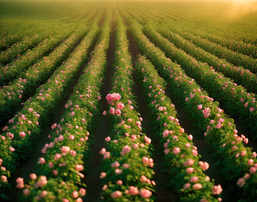 Field of Flowering Plants in Warm Sunlight with Long Shadows