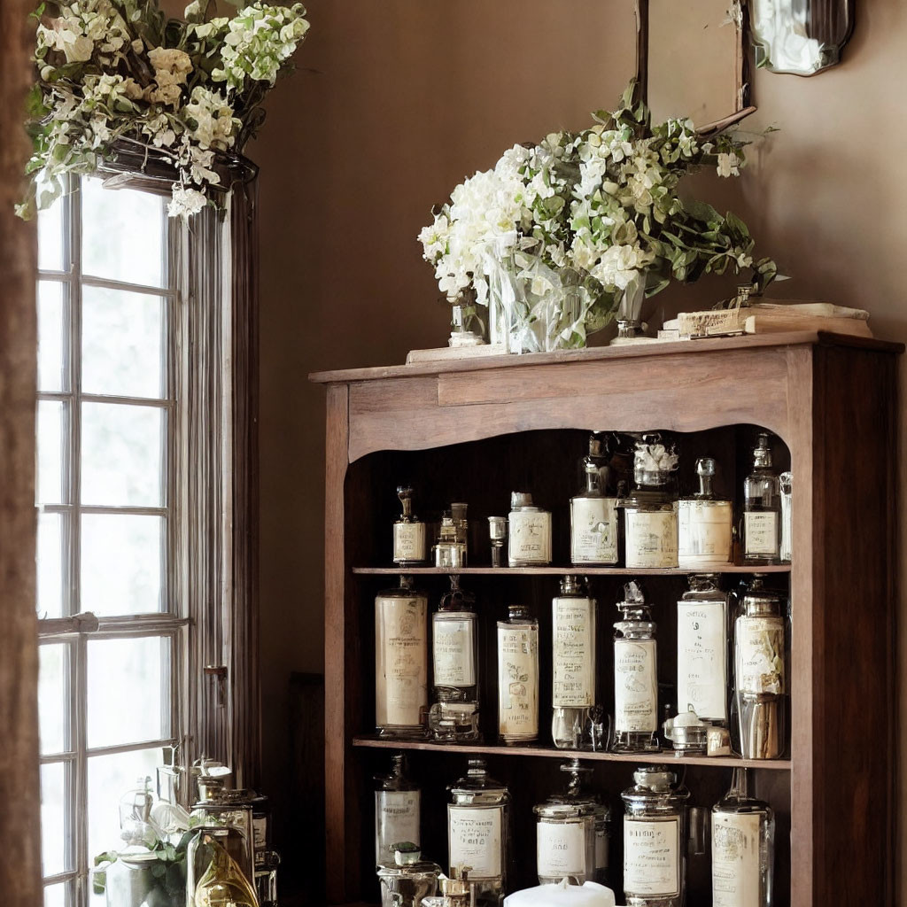 Vintage cabinet with labeled glass apothecary jars and white flower bouquets by window