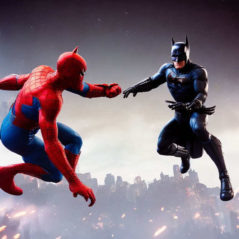 Superheroes Spider-Man and Batman in mid-air clash over cityscape.