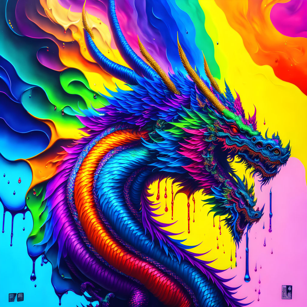 Colorful dragon digital art on rainbow background