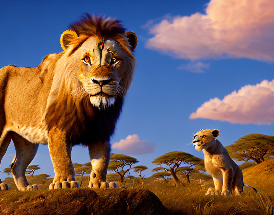 Adult lion and cub on rock in African savanna with blue skies and acacia trees.