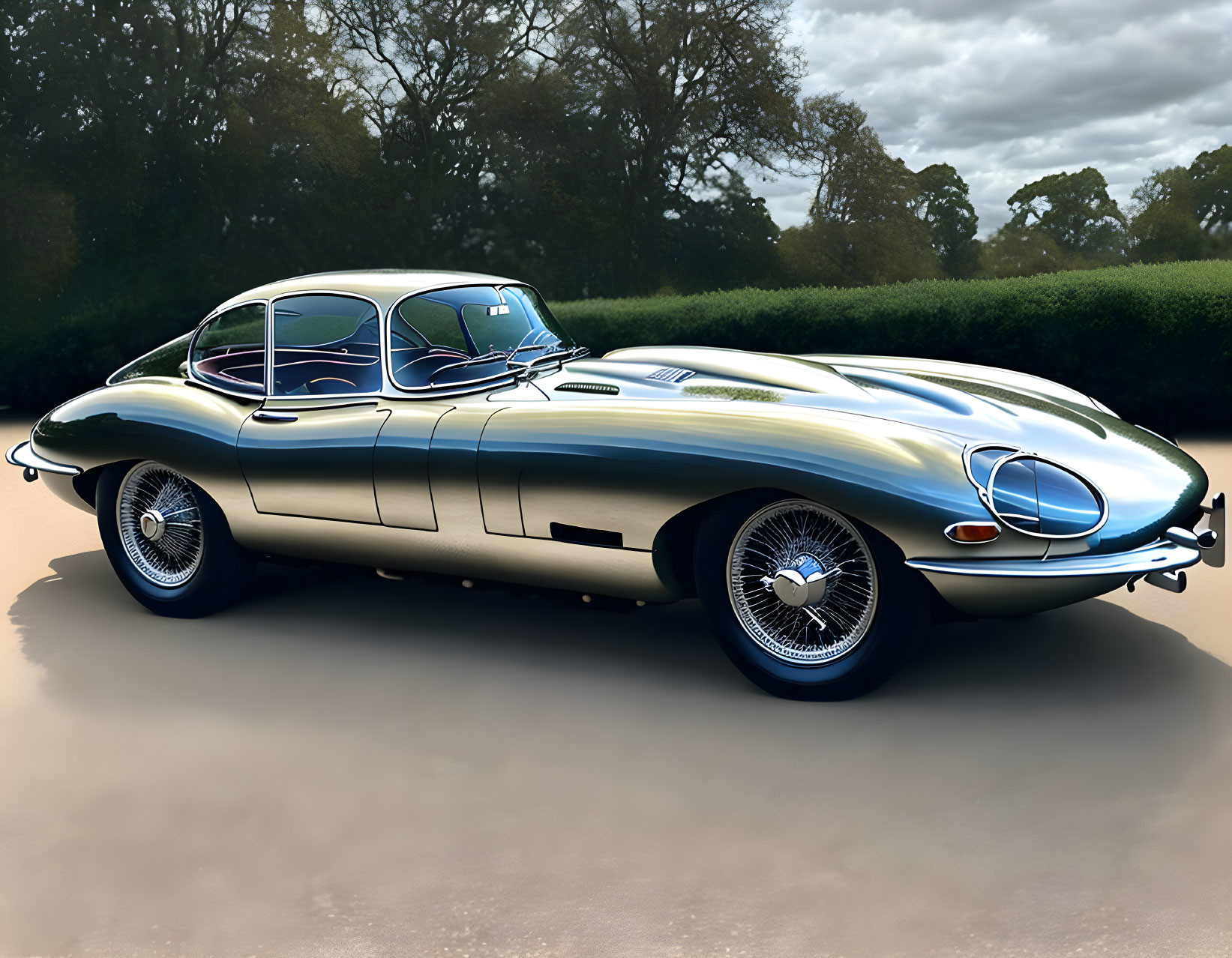 Silver Sports Car with Long Hood, Bubble Cockpit, and Wire Wheels