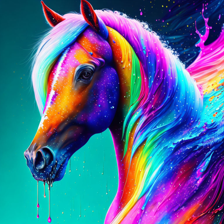 Colorful Neon Rainbow Horse Artwork on Teal Background