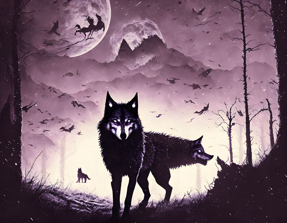 Detailed artwork: Wolf in twilight forest with full moon, bats, mountains, and witch on broom