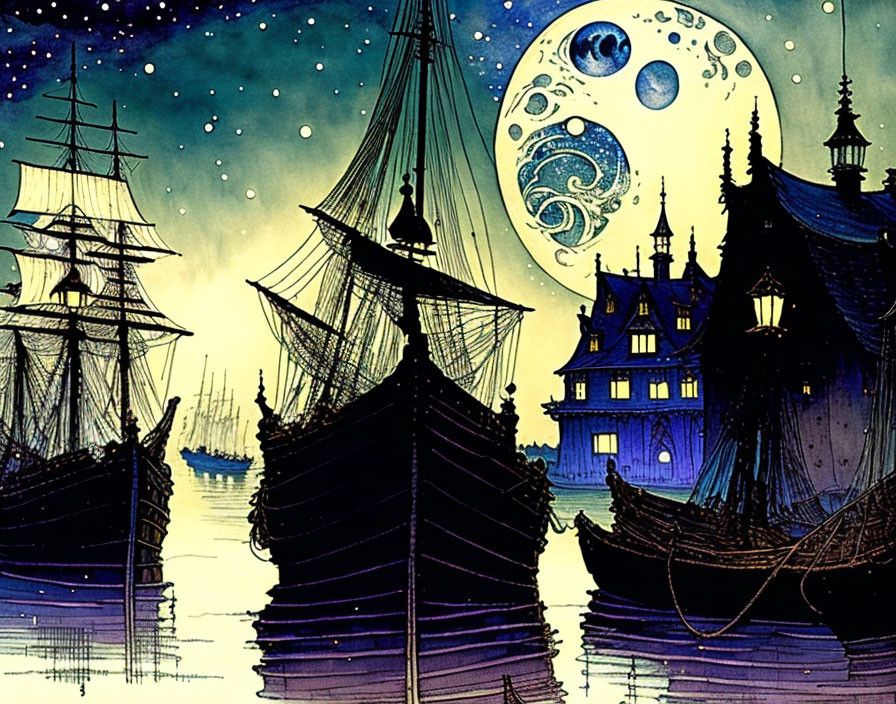 Whimsical ships at dock under a starry sky with castle-like building