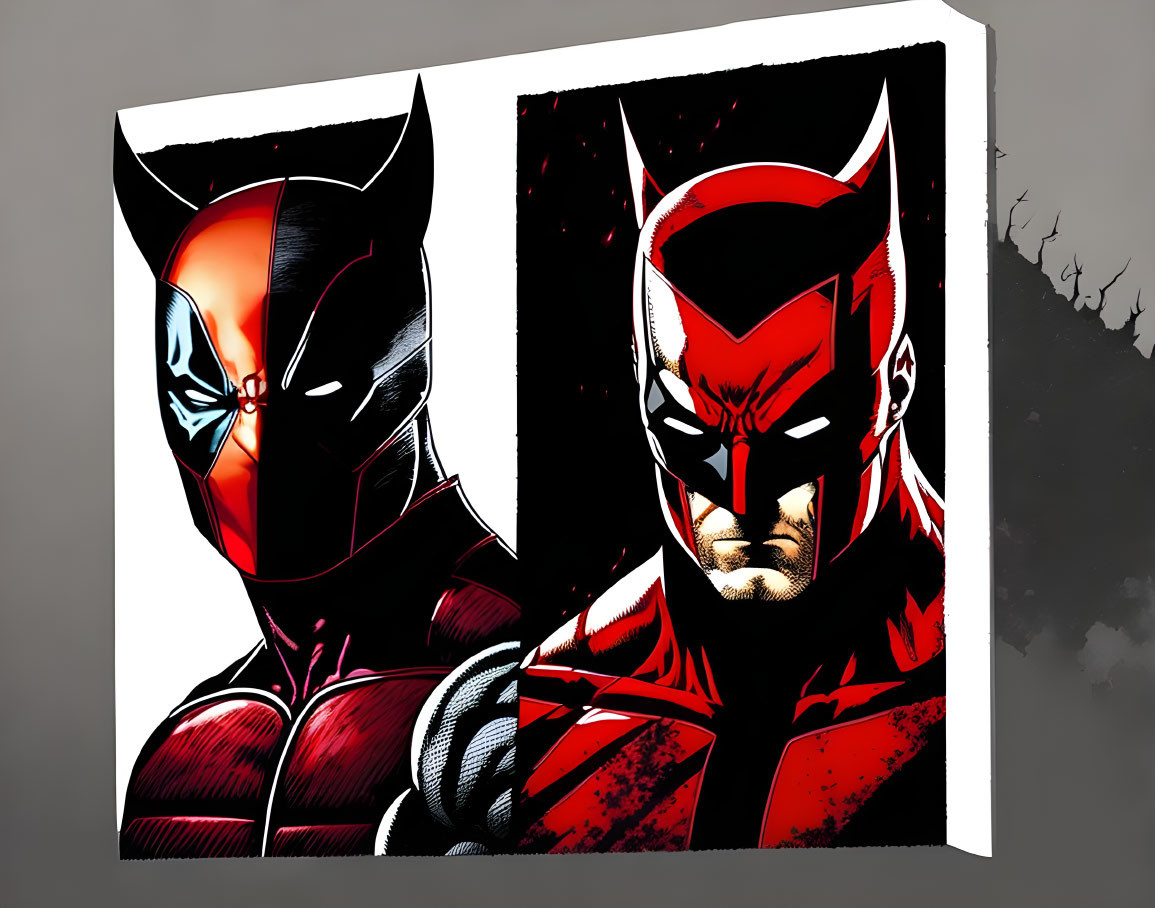 Canvas Print: Stylized superhero portraits in red and black masks.