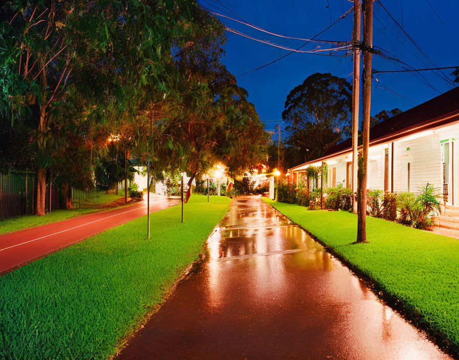 Suburban Street at Night with Illuminated Houses