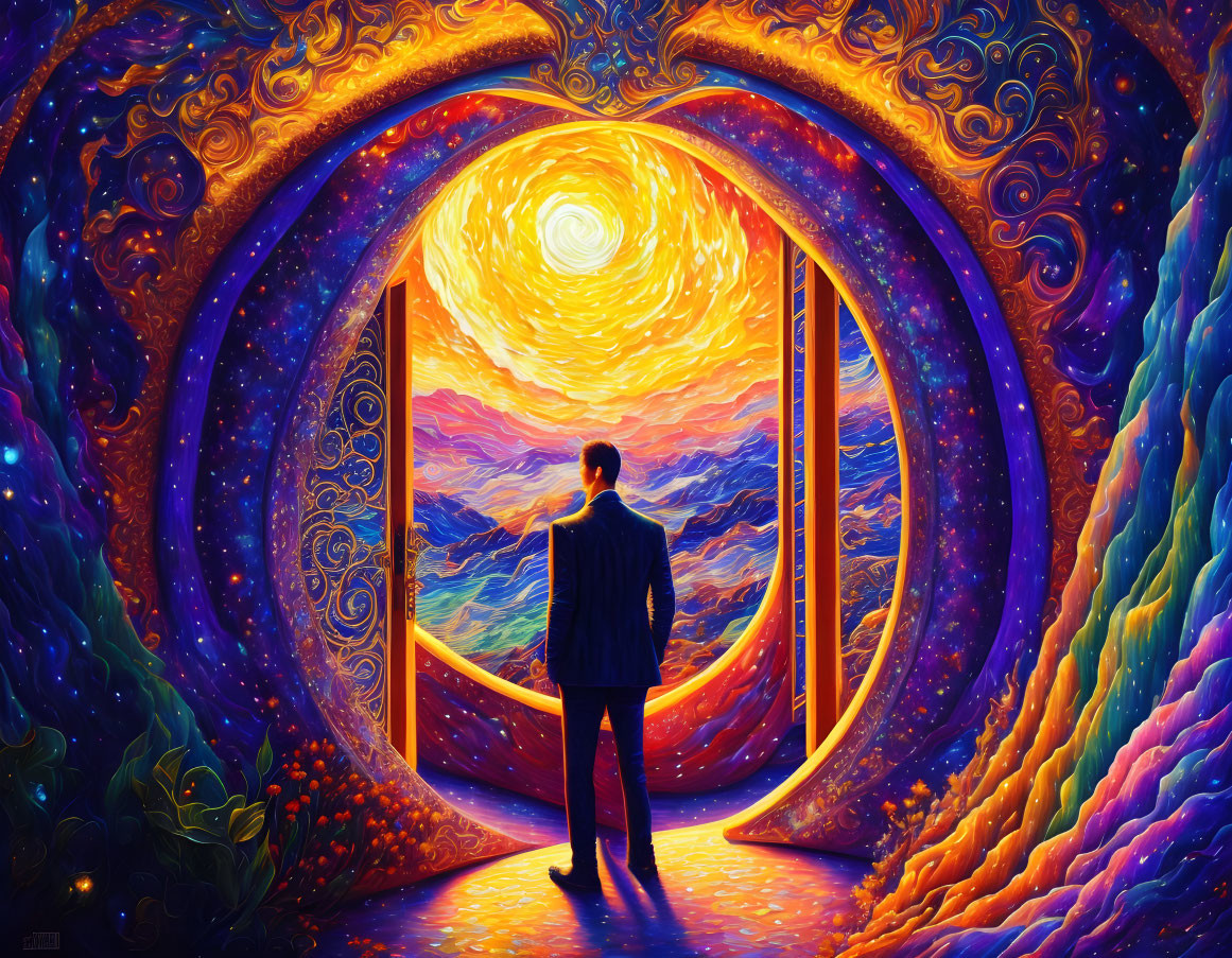 Man standing before swirling portal inspired by "Starry Night" with vibrant colors and fantastic patterns leading to