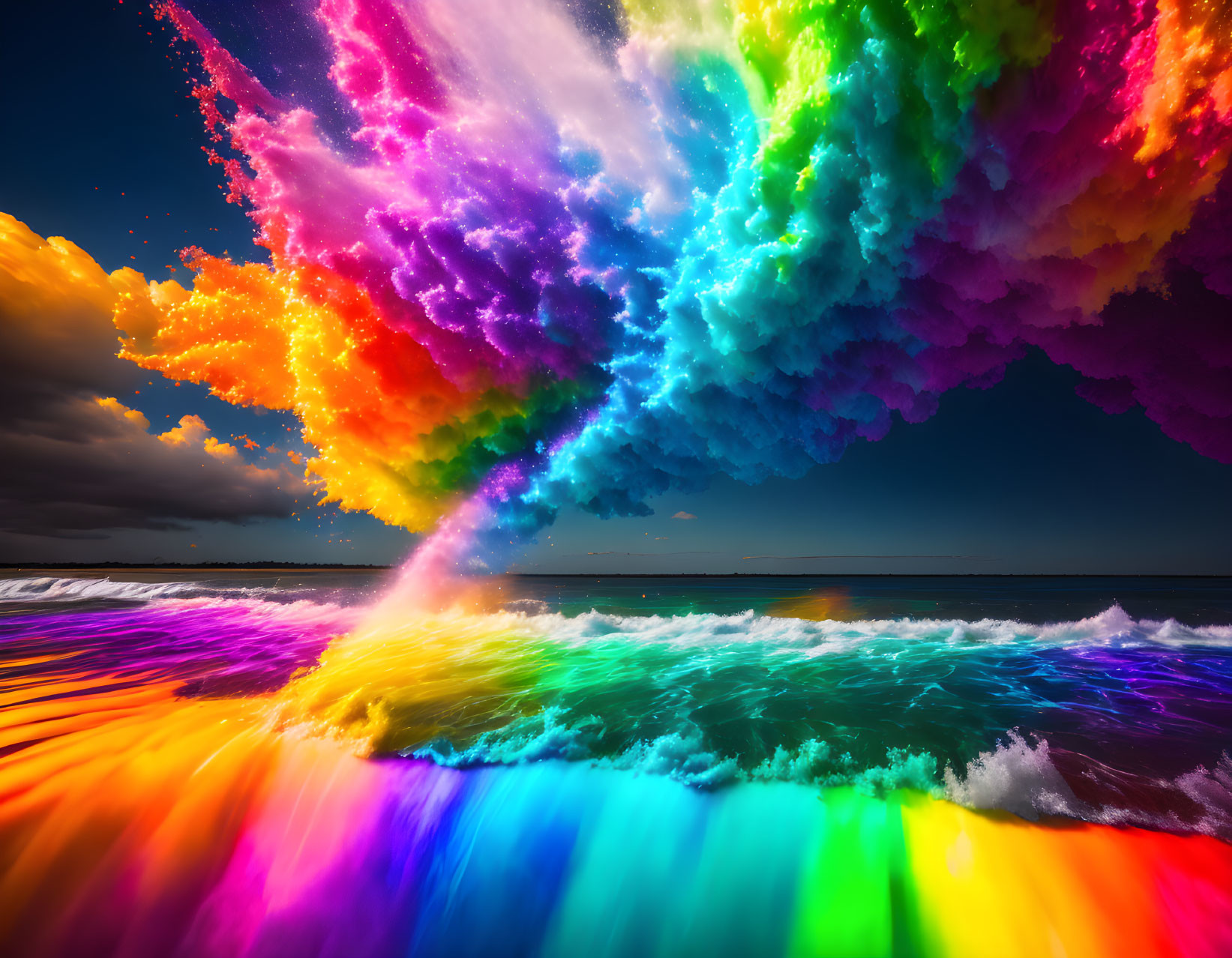 Colorful tornado touching down on sea with rainbow palette.