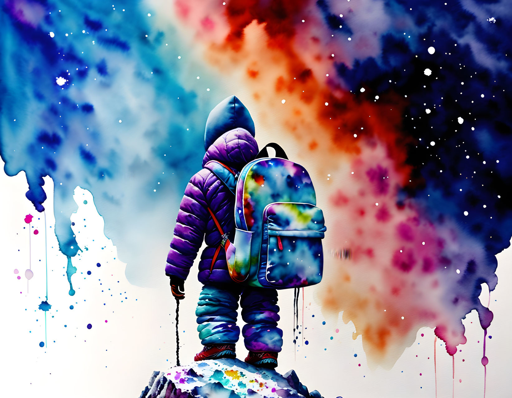 Purple astronaut in space suit gazes at vivid blue and red cosmic nebula.