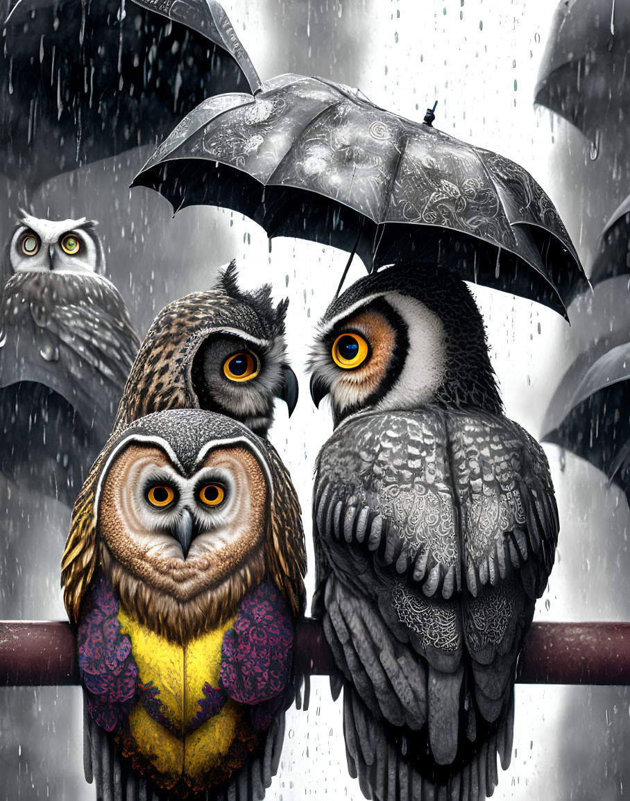 Four owls under umbrella on rail in rain