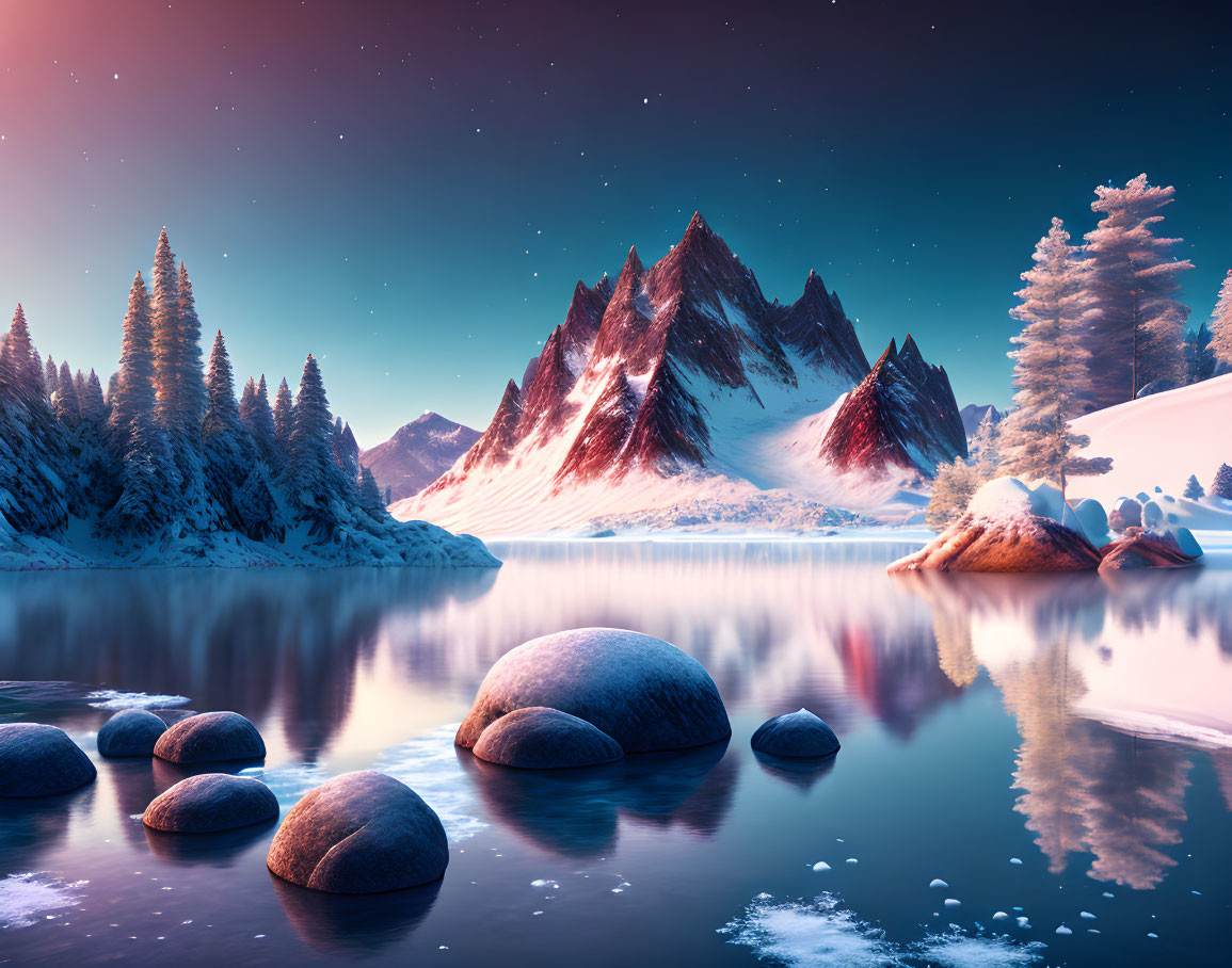 Snowy winter landscape with reflective lake, coniferous trees, and starlit sky