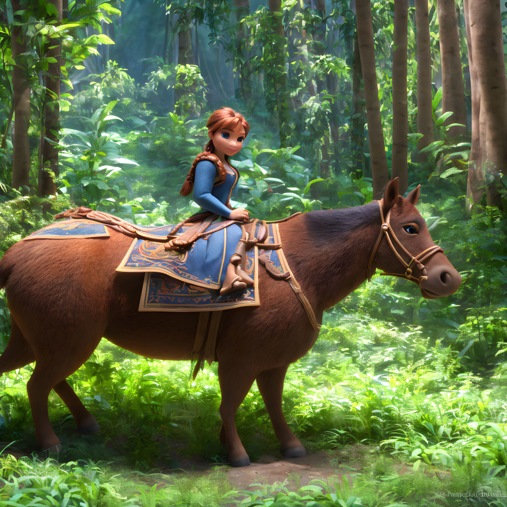 Medieval attired woman riding brown horse in sunlit forest