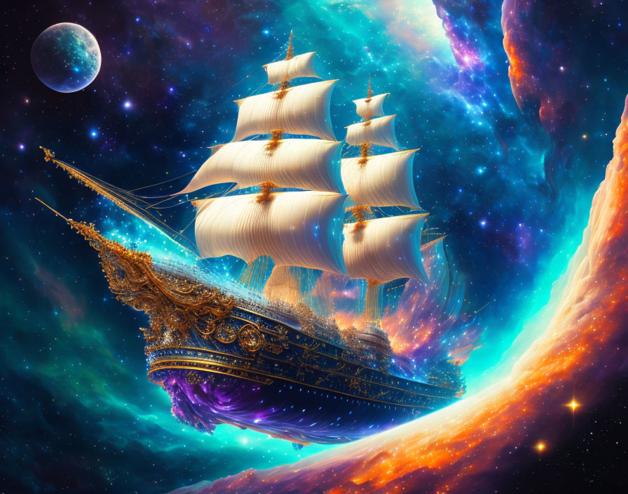 Golden-adorned sailing ship in cosmic nebula with moon and stars