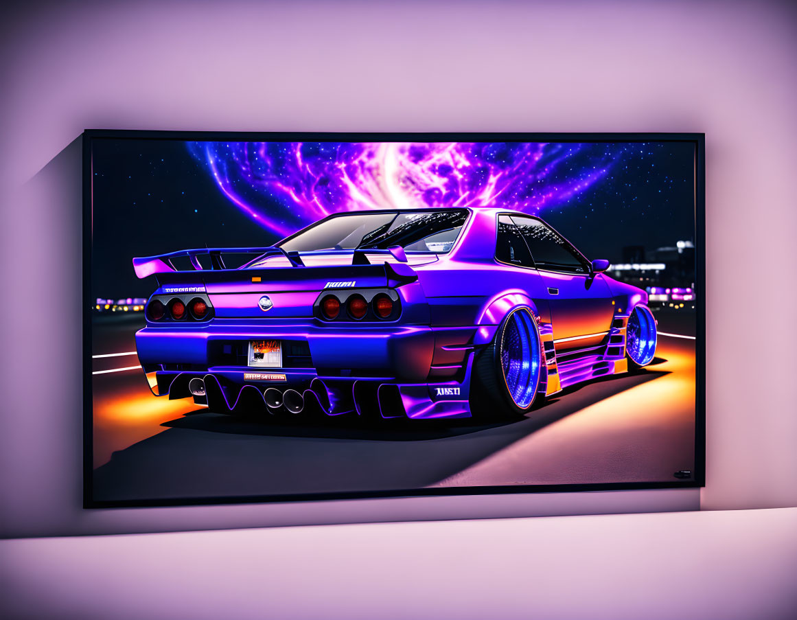 Digital art: Stylized purple sports car with neon details on cosmic background.