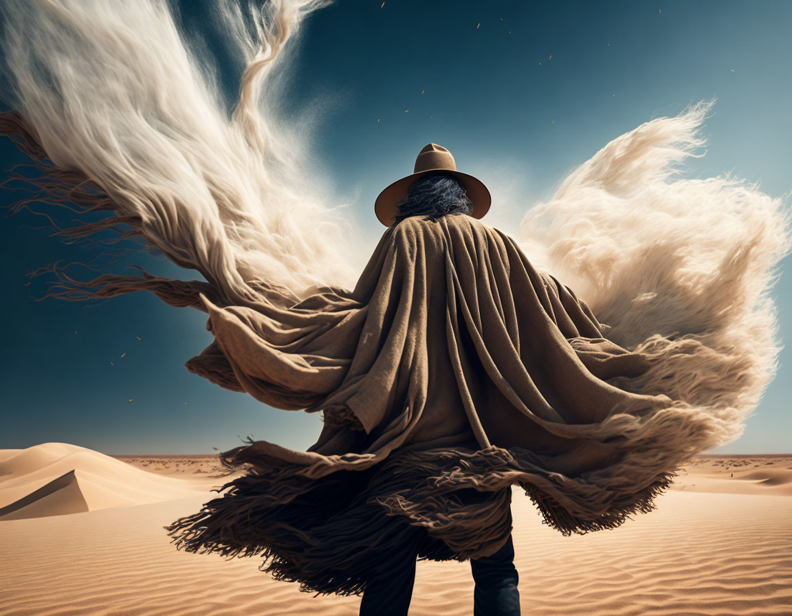 Person in cloak and hat standing in desert with swirling cloud wings