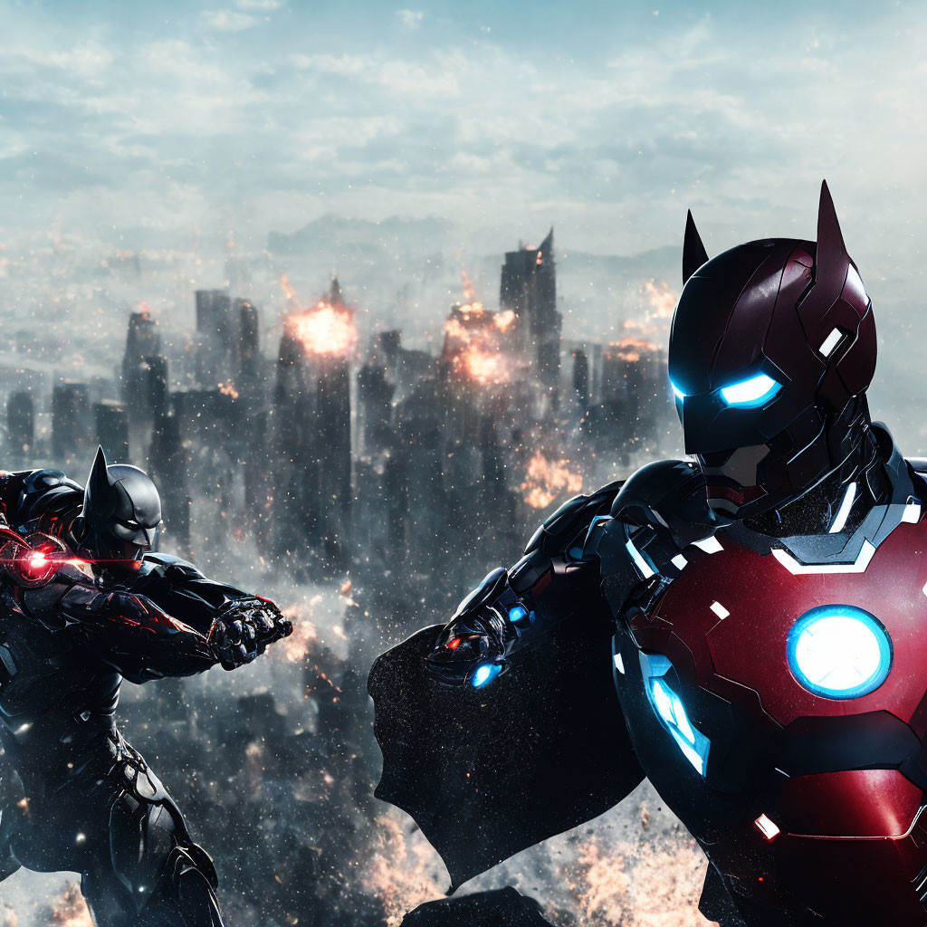 Armored Batman and Iron Man figures in fiery cityscape