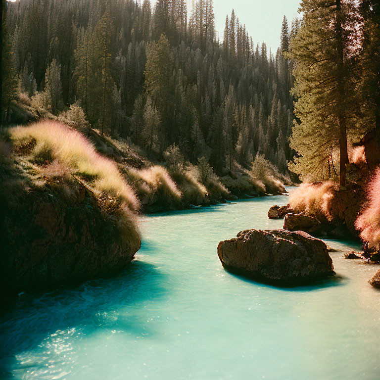 Tranquil river in lush forest with warm light