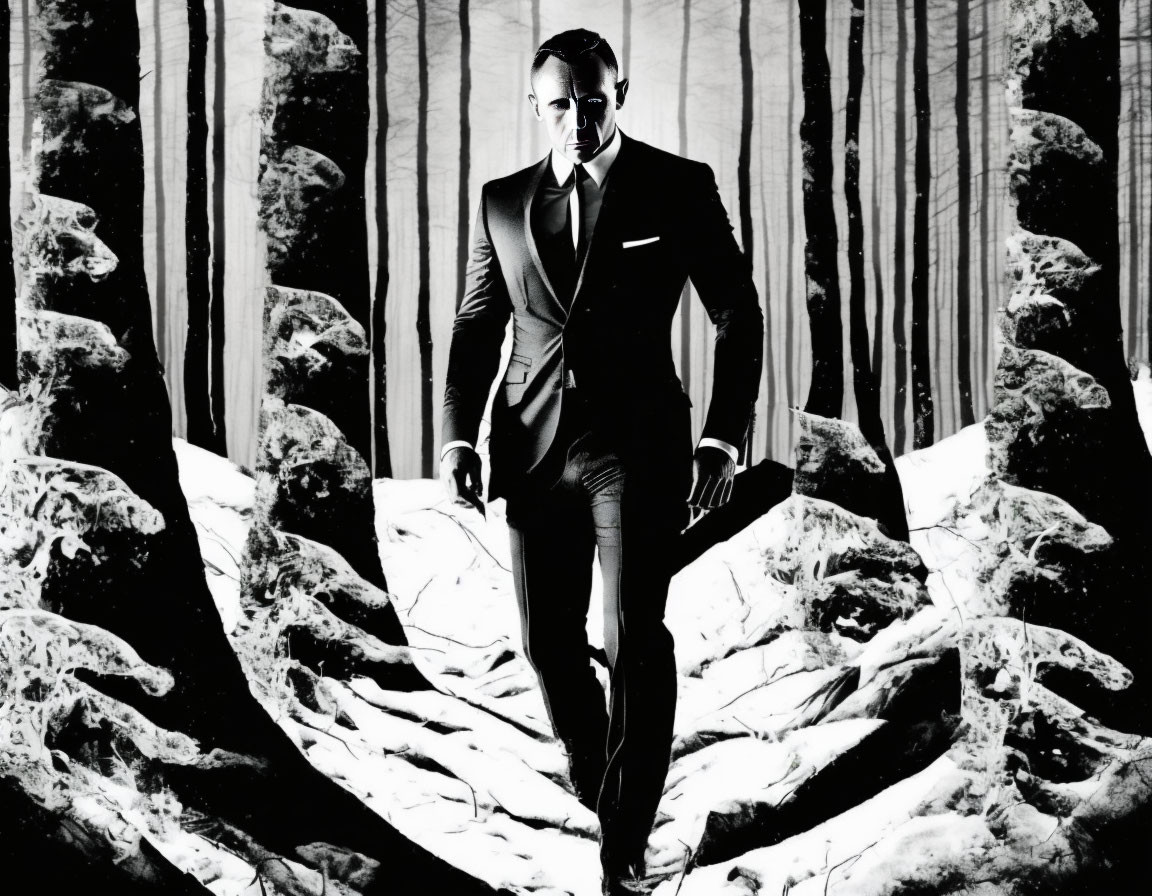 Monochrome image of confident man in suit walking in stylized forest